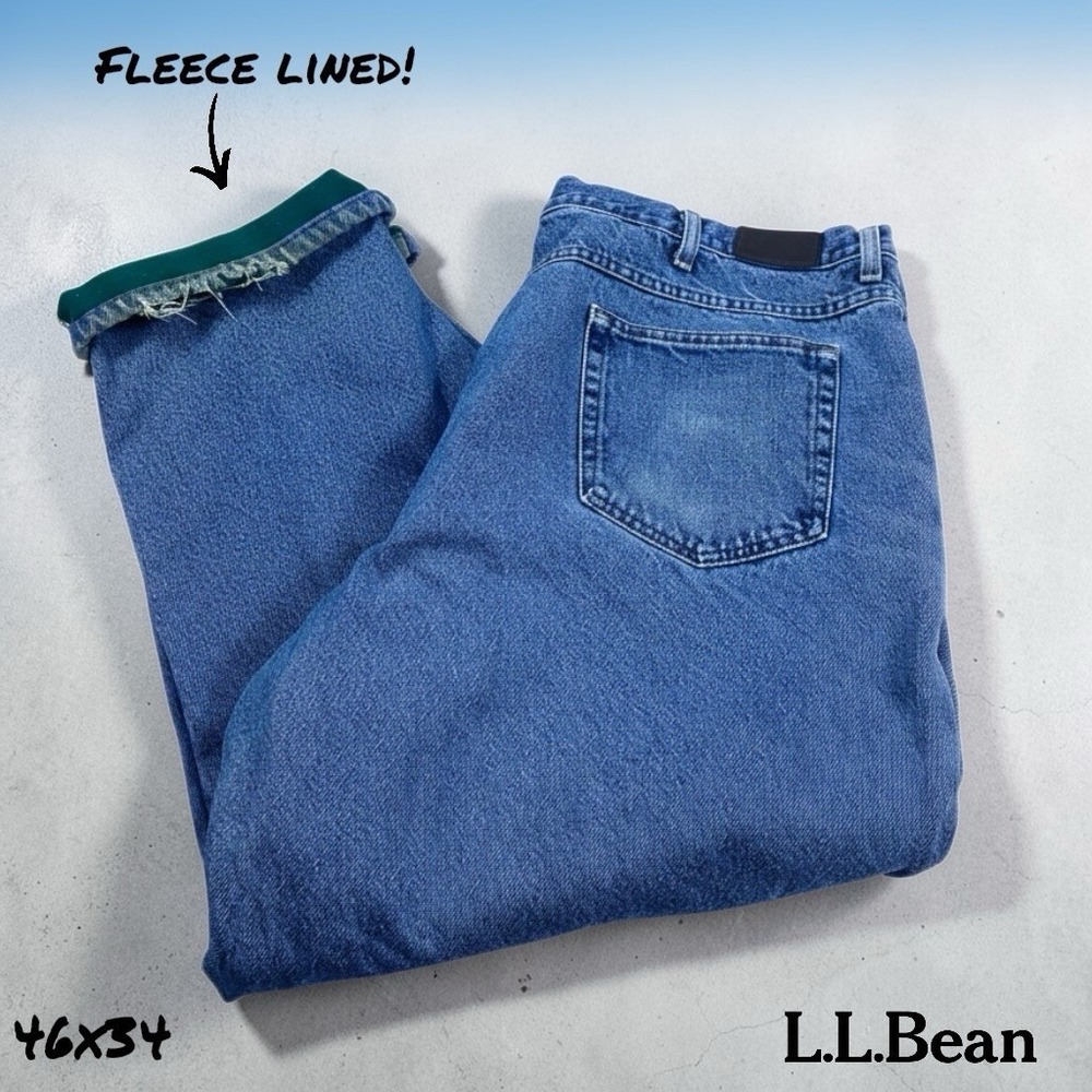 LL Bean Fleece Lined Jeans‎ Mens 46x34 Classic Fit Flannel Denim Leather Patch